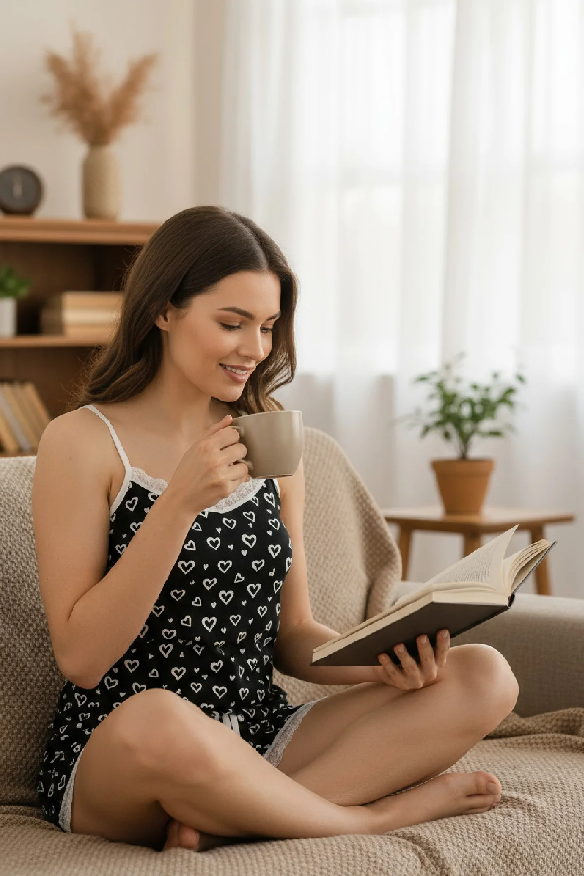 Kadın Siyah Kalp Desenli Askılı Şortlu Dantelli Pijama Takımı görsel 5