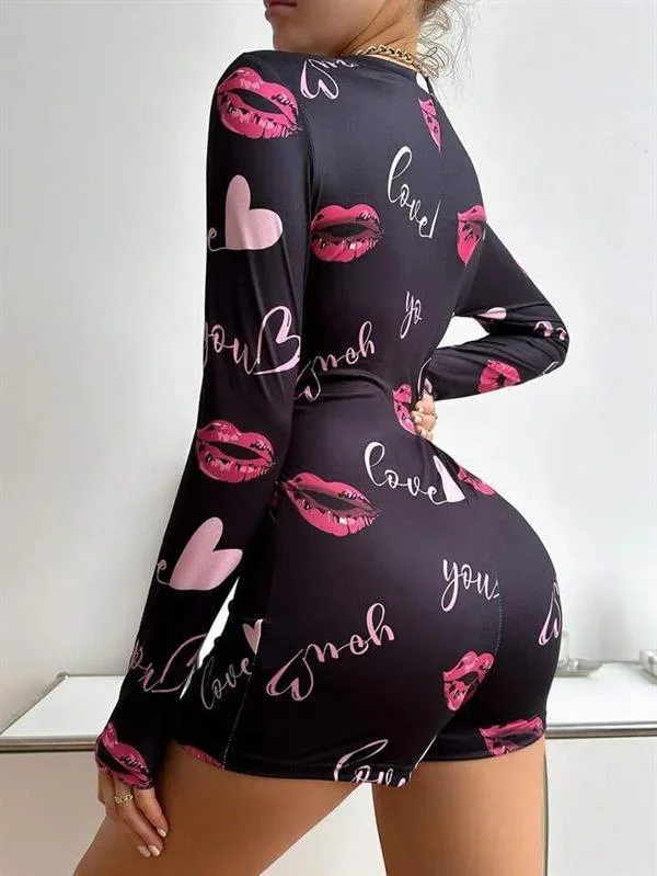 Pamuklu Kırmızı Öpücük ve Kalp Desenli Düğmeli Uzun Kol Tulum Pijama görsel 5