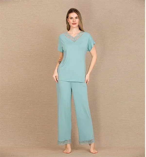 Viskon Şık Tasarım Dantel İşlemeli Mint Yeşil Kısa Kol Pijama Takımı