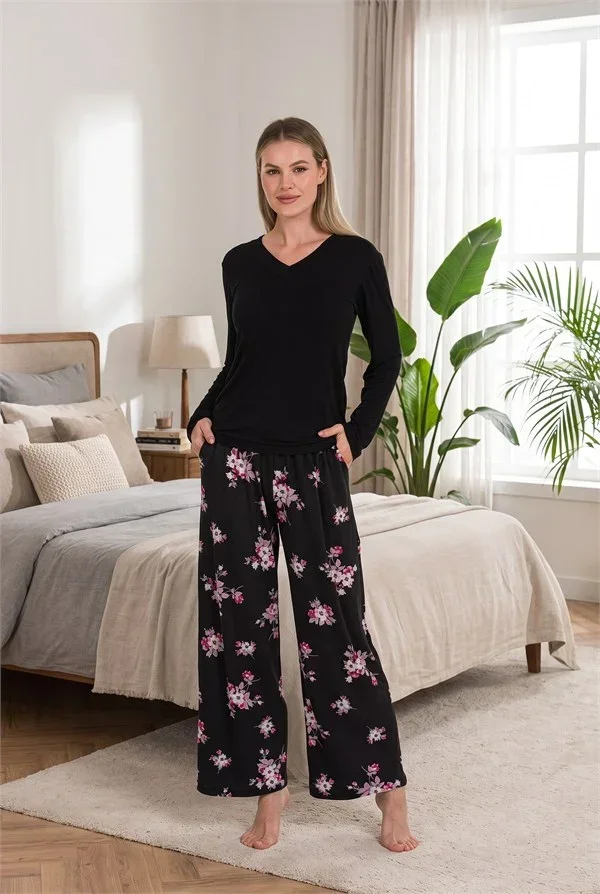Şık Tasarım Çiçek Desenli Geniş Paçalı Yumuşak Dokulu Viskon Kumaş V Yaka 2'li Pijama Takımı