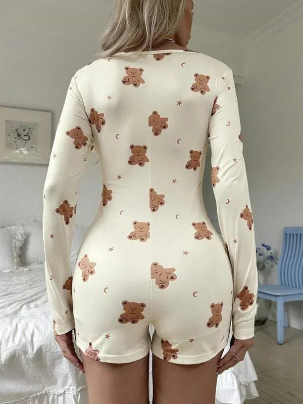 Pamuklu Ekru Ayıcık Desenli Düğmeli Tulum Pijama görsel 4