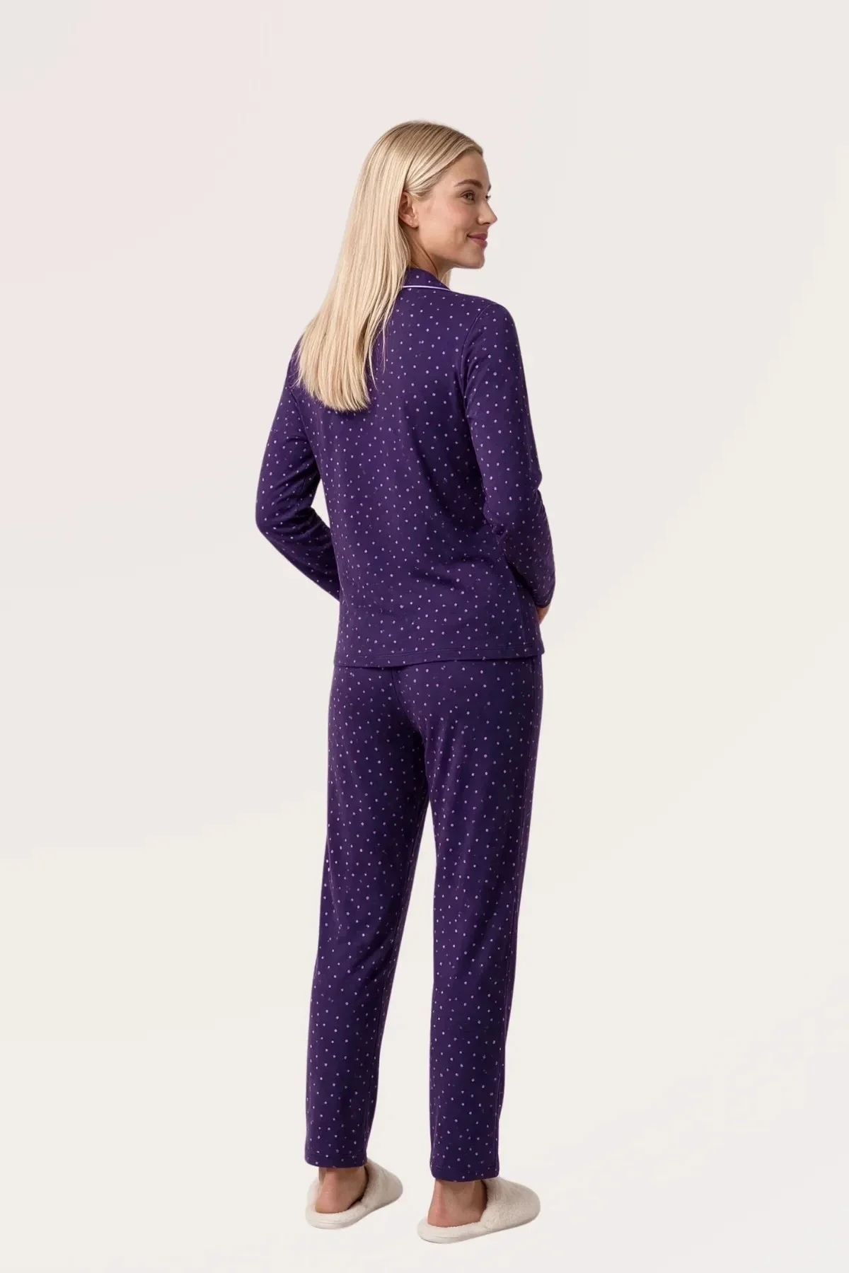 Pjs 30167 Kadın Uzun Kol Puantiyeli Düğmeli Pijama Takımı görsel 4