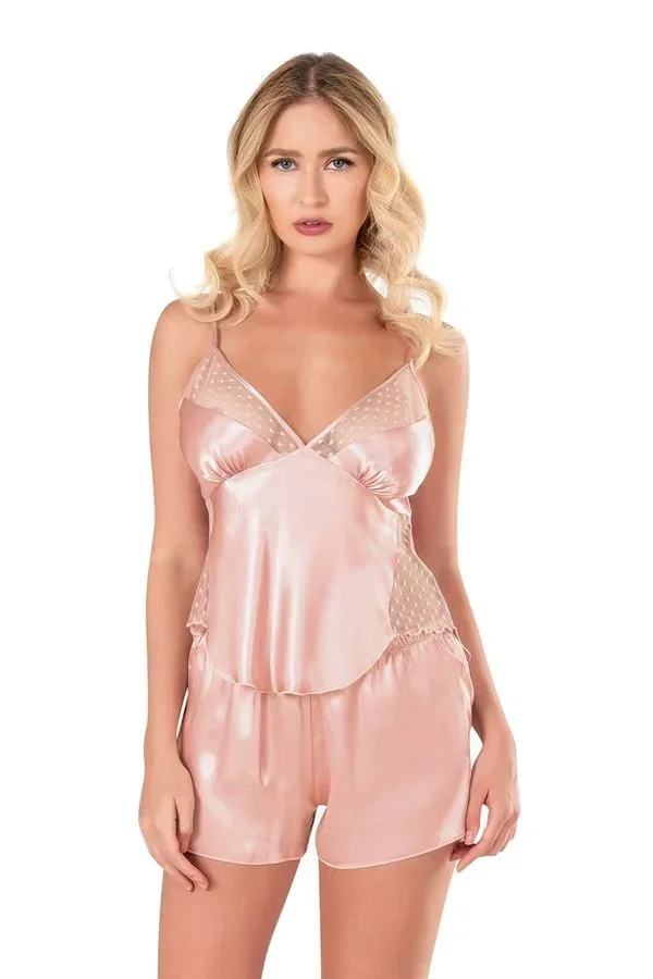 Koyu Pudra Saten Babydoll Şort Takımı