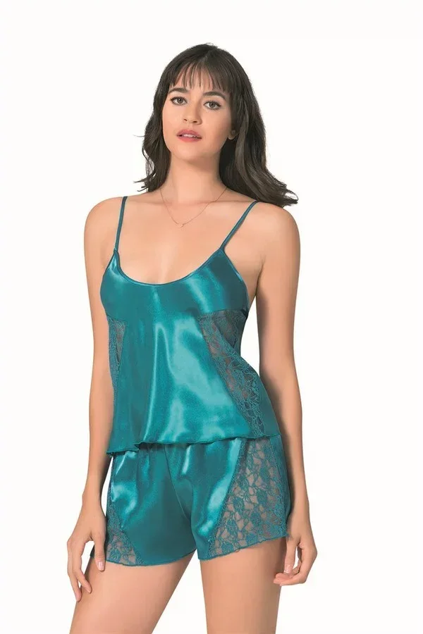 Petrol Saten Babydoll Şort Takımı