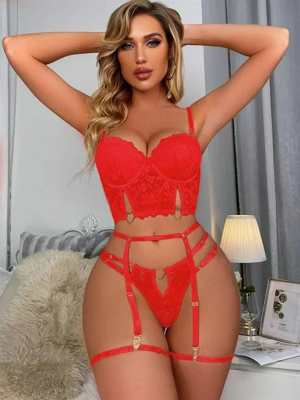 Kırmızı Dantelli Jartiyer Büstiyer Takımı