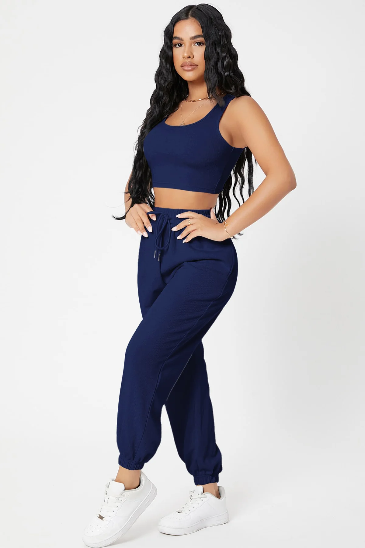 Kadın Lacivert Kaşkorse Cepli Jogger Eşofman Altı ve Crop Top Bluz görsel 3