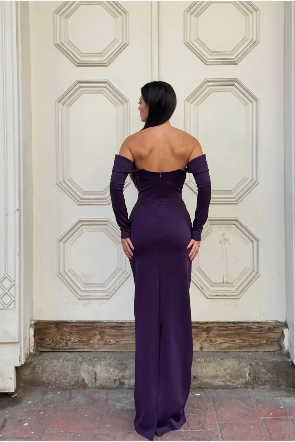 Kadın Modern Dik Yaka Payetli Maxi Uzun Kollu Abiye Elbise görsel 4