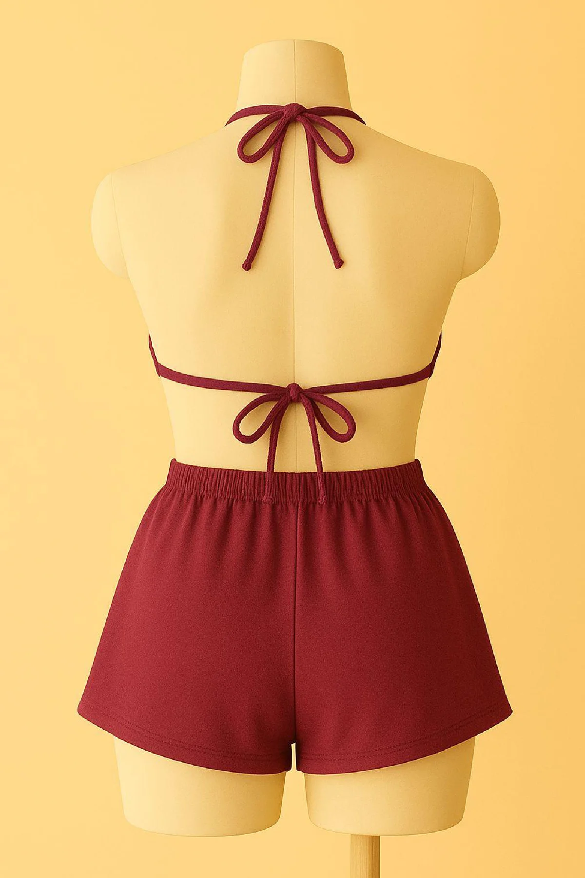 Kadın Bordo Şortlu Belden ve Boyundan Bağlamalı Bikini Takımı görsel 3