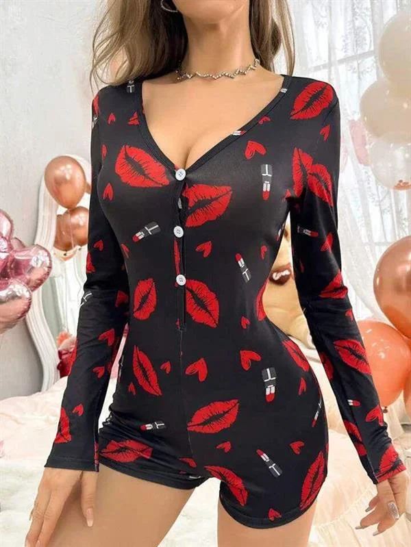 Pamuklu Kırmızı Ruj ve Öpücük Desenli Düğmeli Uzun Kol Tulum Pijama görsel 3