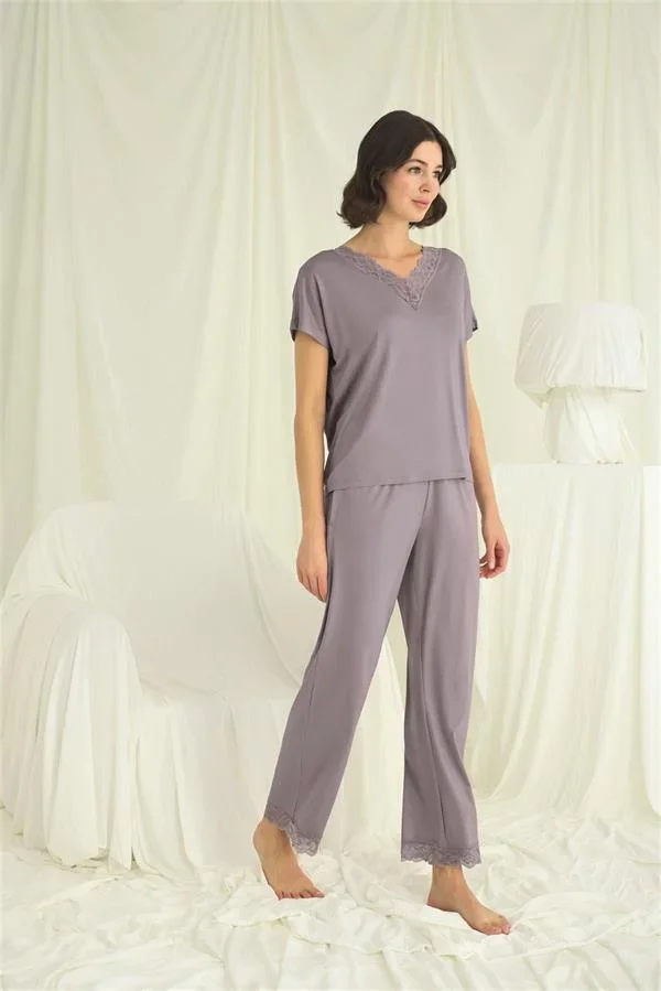 Kısa Kollu V Yakalı Dantelli Pijama Takımı görsel 4