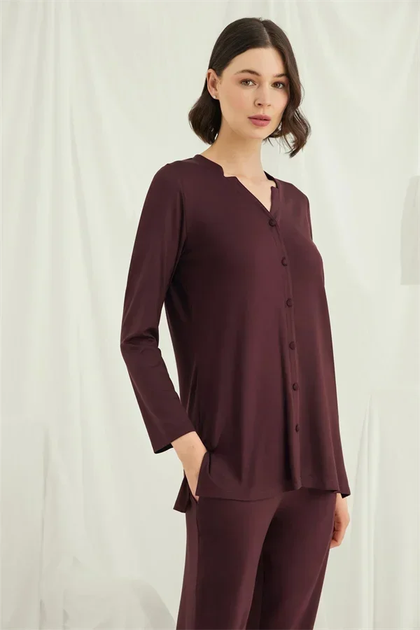 Uzun Kollu Boydan Düğmeli V Yaka Pijama Takımı görsel 4