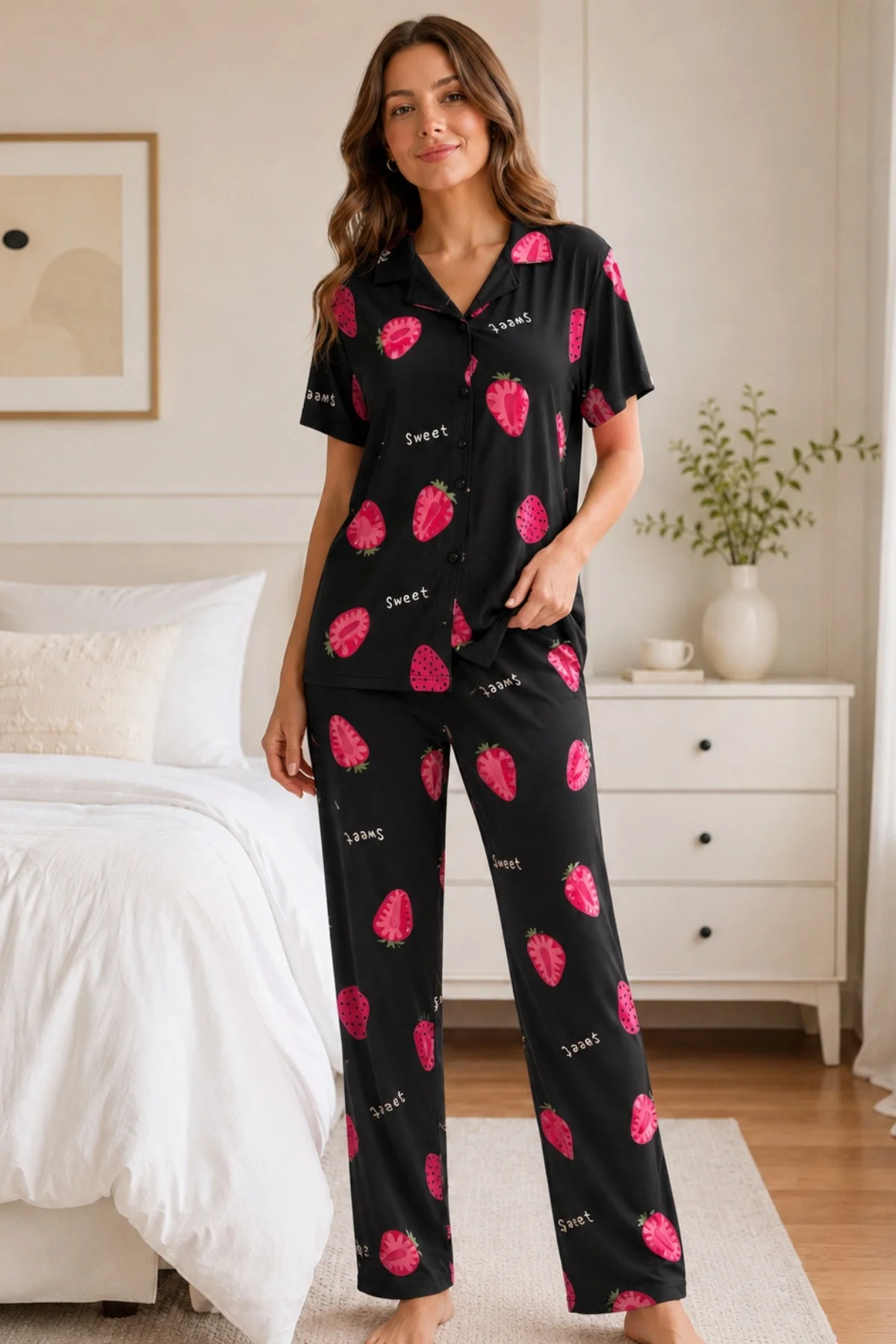 Siyah Çilek Desenli Kısa Kollu Gömlek Yaka Milan Kumaş Kadın Pijama Takımı görsel 3