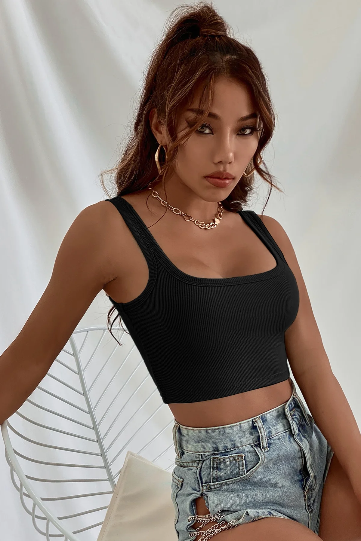 Kadın Siyah Kalın Askılı Crop Top Büstiyer görsel 6