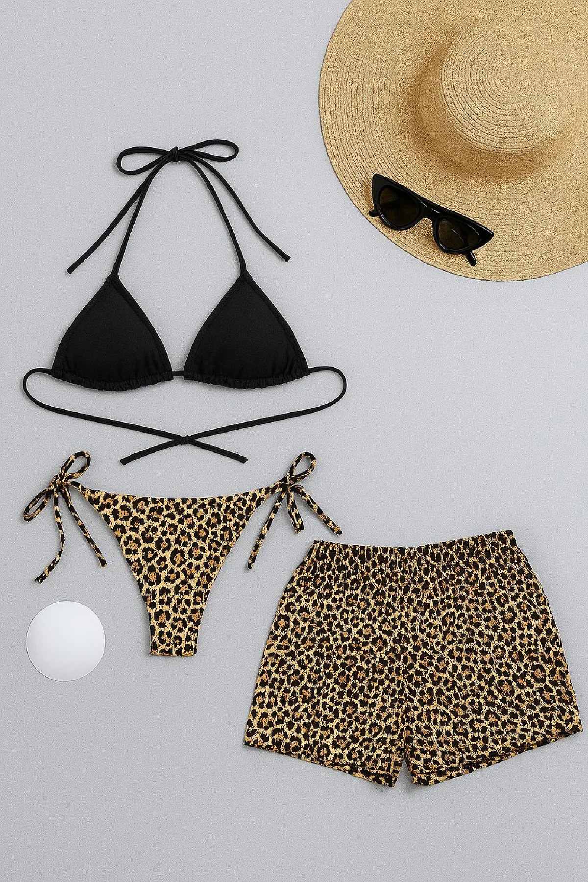 Kadın 3'lü Set Siyah ve Leopar Desenli Şortlu Yandan Bağlamalı Bikini Mayo Takımı görsel 2