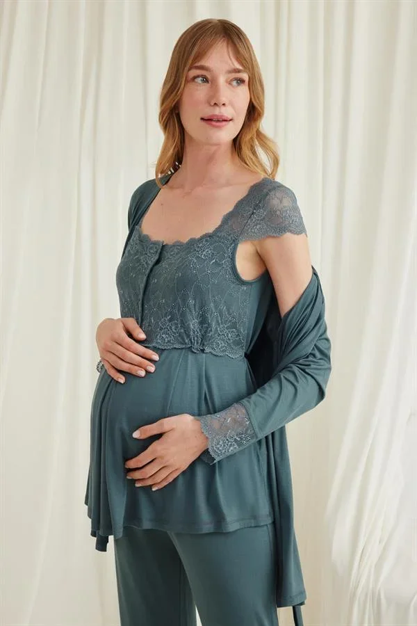 Dantelli Önü Düğmeli Hamile Lohusa 3'lü Viskon Pijama Takımı görsel 5