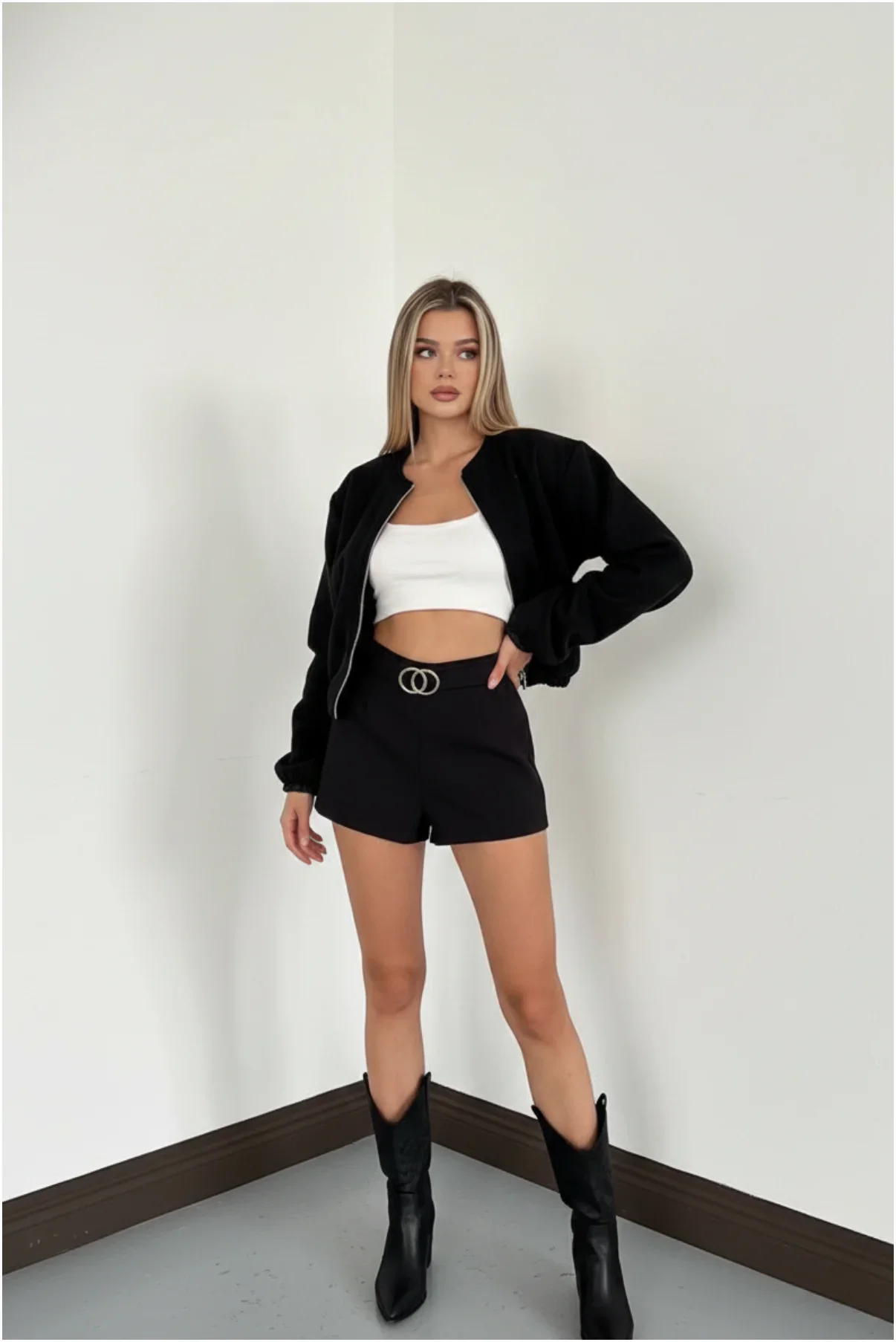 Kadın Şık Koyu Gri Basic Fermuarlı Crop Bomber Ceket görsel 3