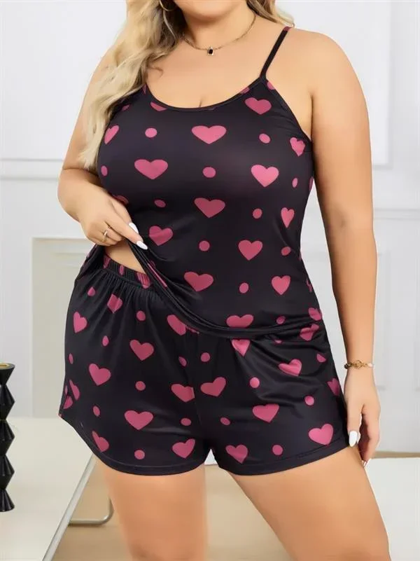 Büyük Beden Siyah Kalp Desen İnce Askılı Pamuklu Şortlu Pijama Takımı görsel 2