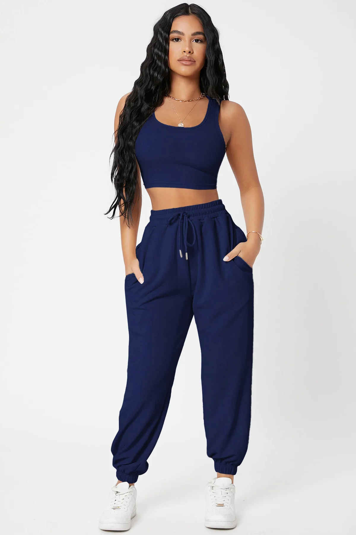 Kadın Lacivert Kaşkorse Cepli Jogger Eşofman Altı ve Crop Top Bluz görsel 4