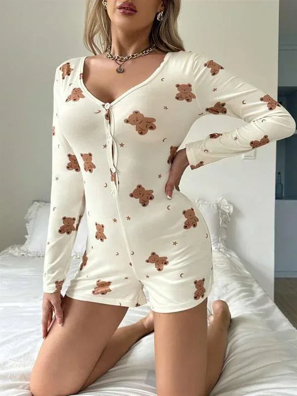 Pamuklu Ekru Ayıcık Desenli Düğmeli Tulum Pijama görsel 3