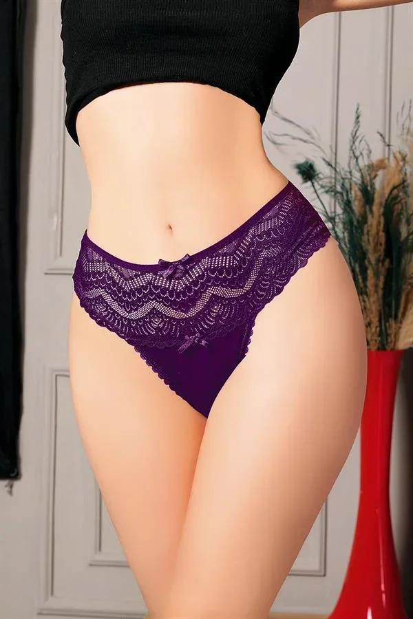 Büyük Beden Bel Kısmı Dantelli Mor Tanga String