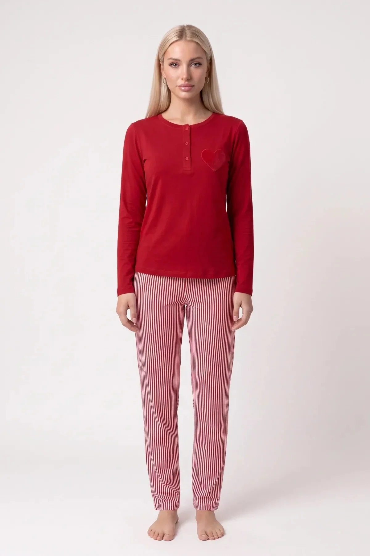 Pjs 30148 Kadın Uzun Kol Kalpli Pijama Takımı görsel 4