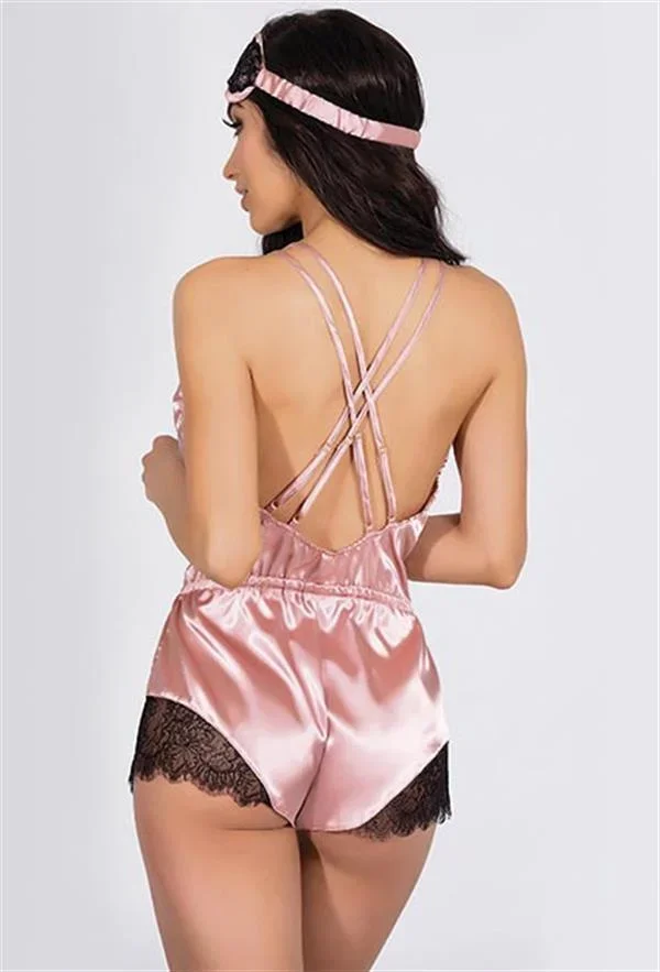 Pembe Dantelli Sırtı Çapraz Saten Şort Tulum görsel 2
