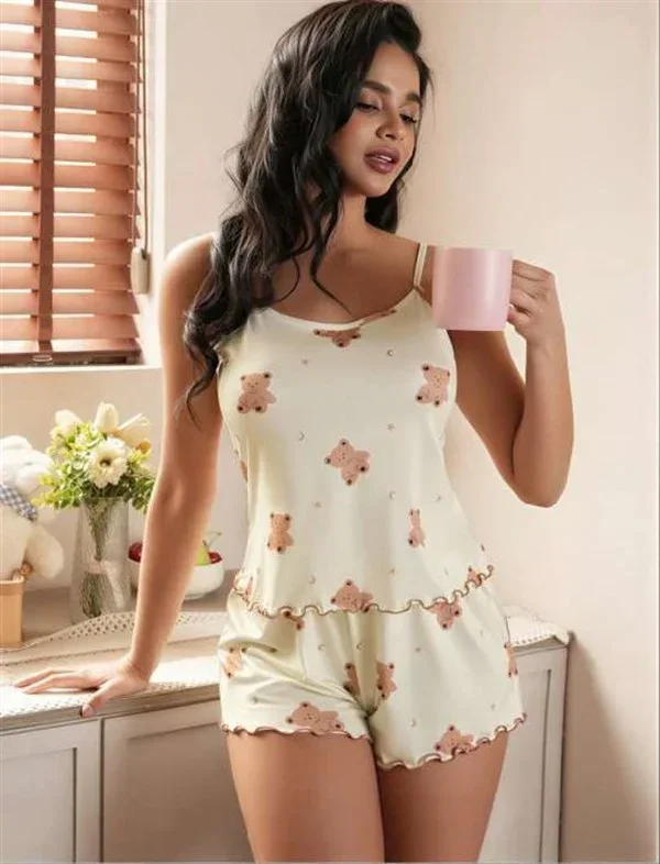 Ayıcık Desenli Askılı Şortlu Pijama Takımı