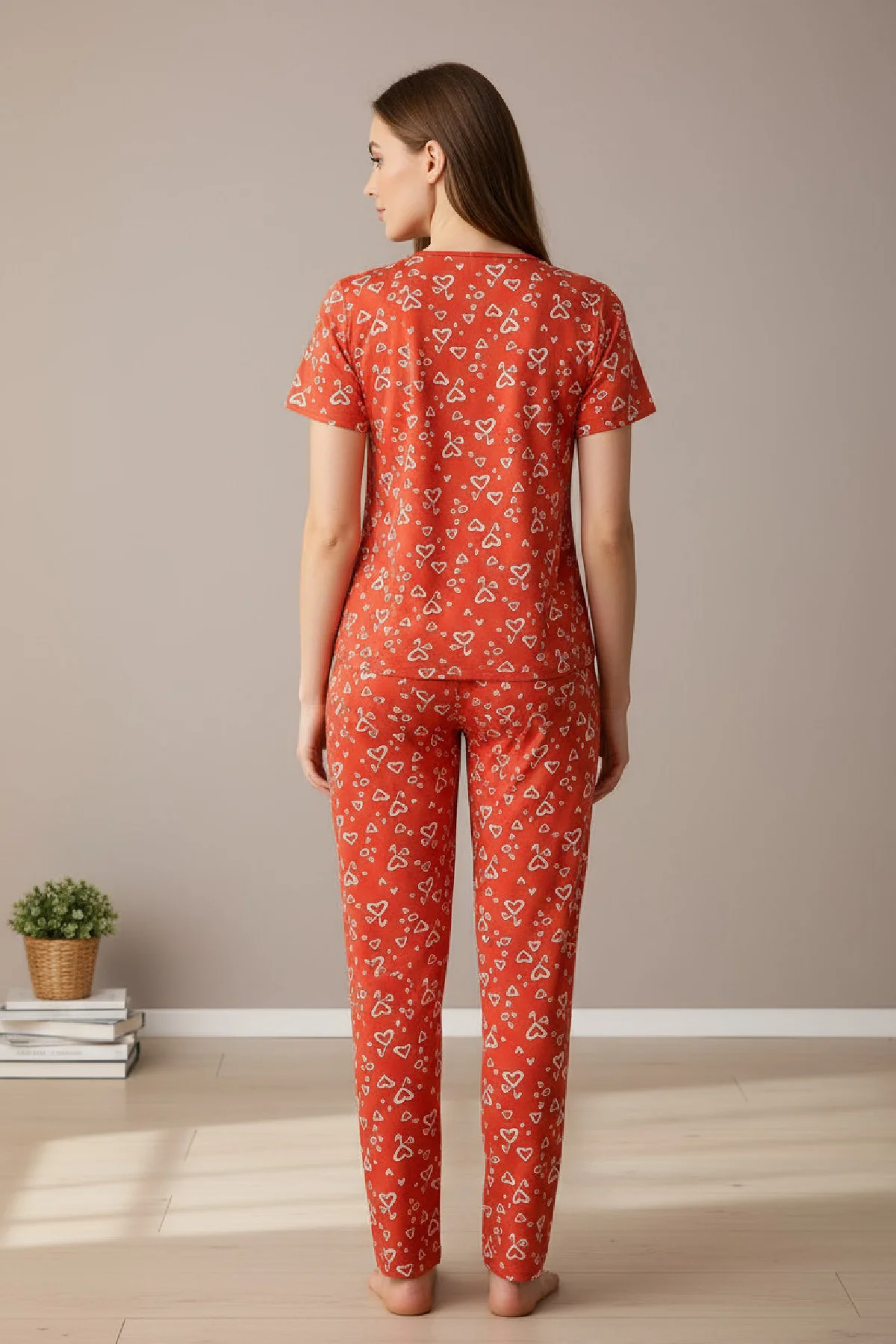 Kadın Turuncu Kalp Desenli Fiyonklu Kısa Kollu Uzun Pijama Takımı görsel 8