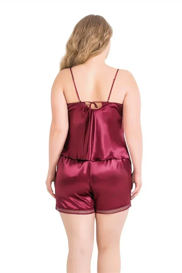 Büyük Beden Bordo Saten Babydoll Şort Takımı görsel 2