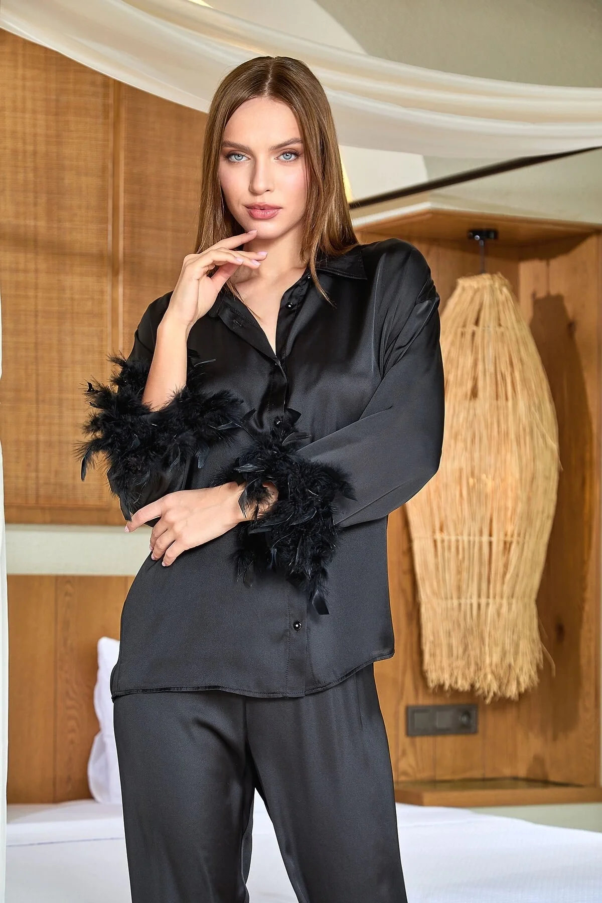 Aqua 25583 Gömlek Yaka Otrişli Saten Pijama Takımı görsel 2