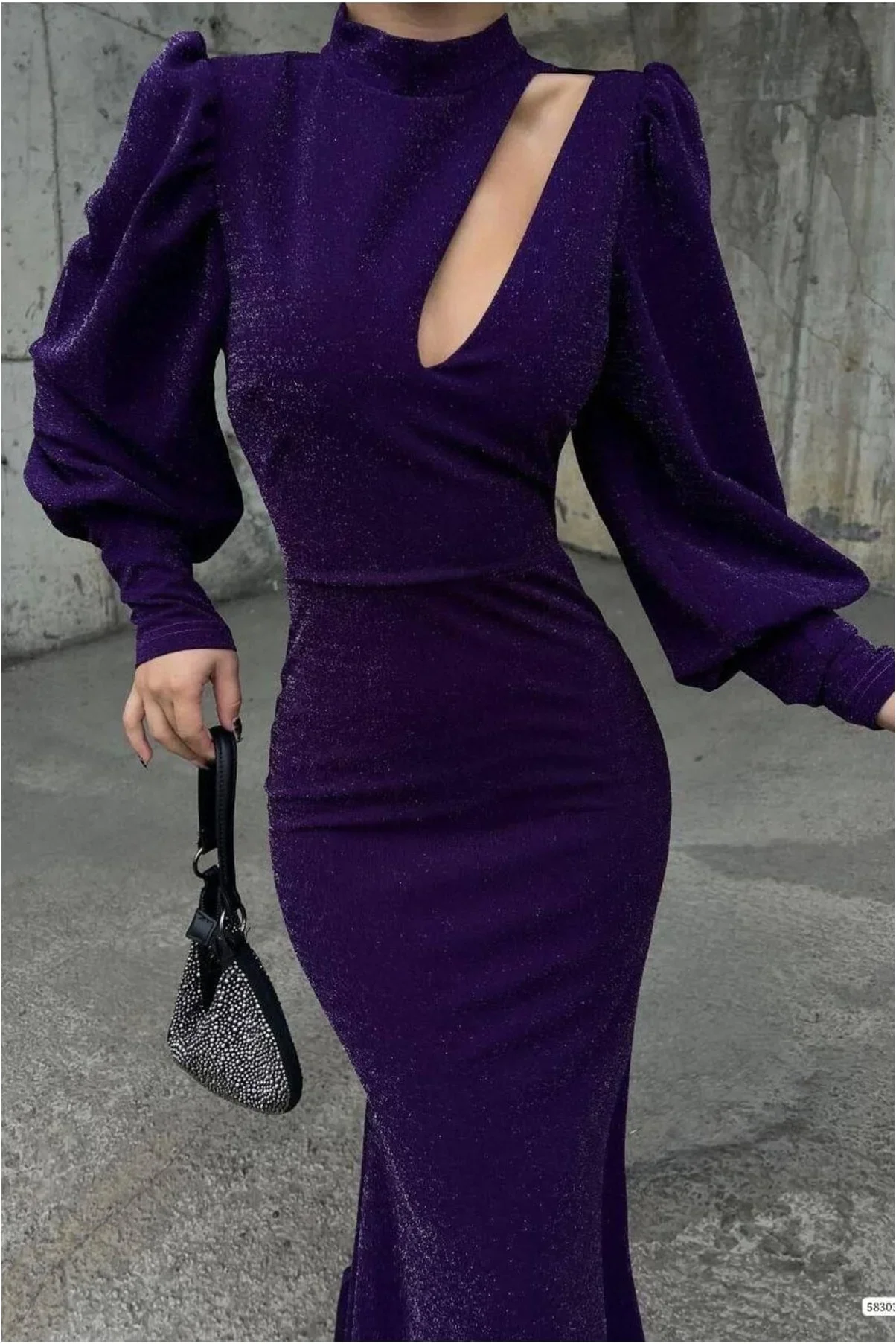 Kadın Trend Model Simli Kumaş Degaje Yaka Dekolteli Maxi Abiye Elbise görsel 7