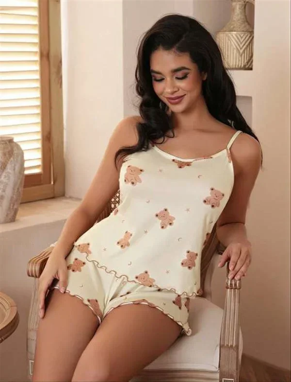 Ayıcık Desenli Askılı Şortlu Pijama Takımı görsel 2