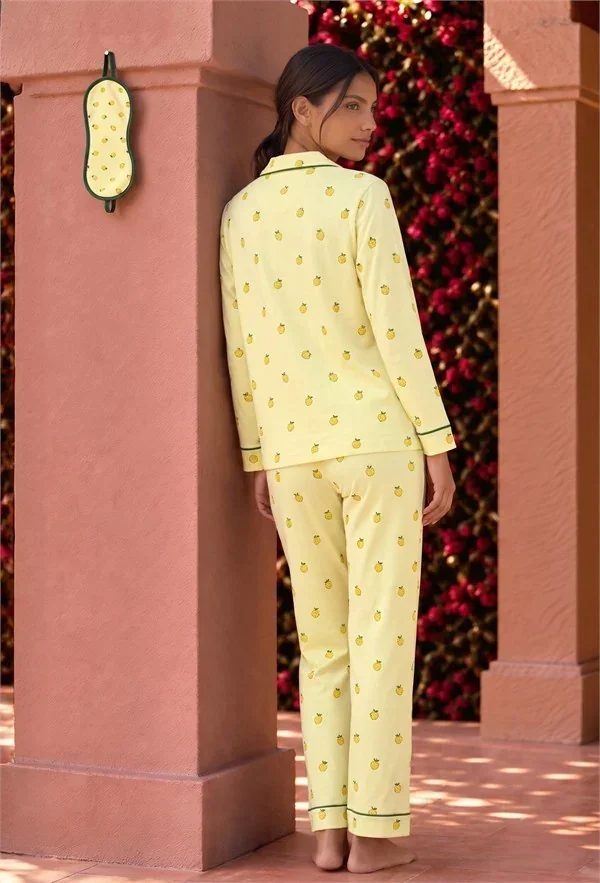 Pamuklu Yumuşak Dokulu Sarı Limon Desenli Yeşil Biyeli Düğmeli Pijama Takımı (Uyku Gözlüğü Hediye) görsel 5