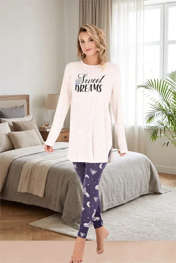 Şık Tasarım Ay Yıldız Desenli Yumuşak Dokulu Viskon Kumaş Sweet Dreams Yazılı 2'li Pijama Takımı