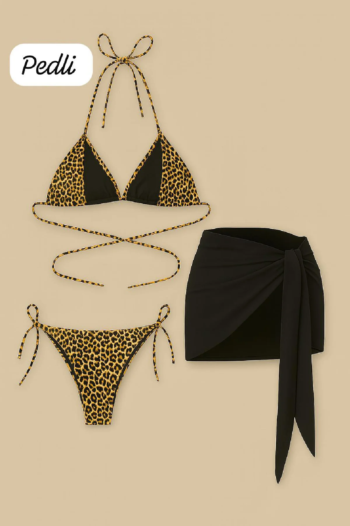 Kadın Siyah ve Leopar Desenli Pareolu 3'lü Bikini Takımı görsel 4