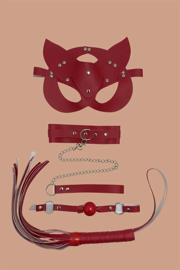 Kırmızı Maske Tasma Deri Set