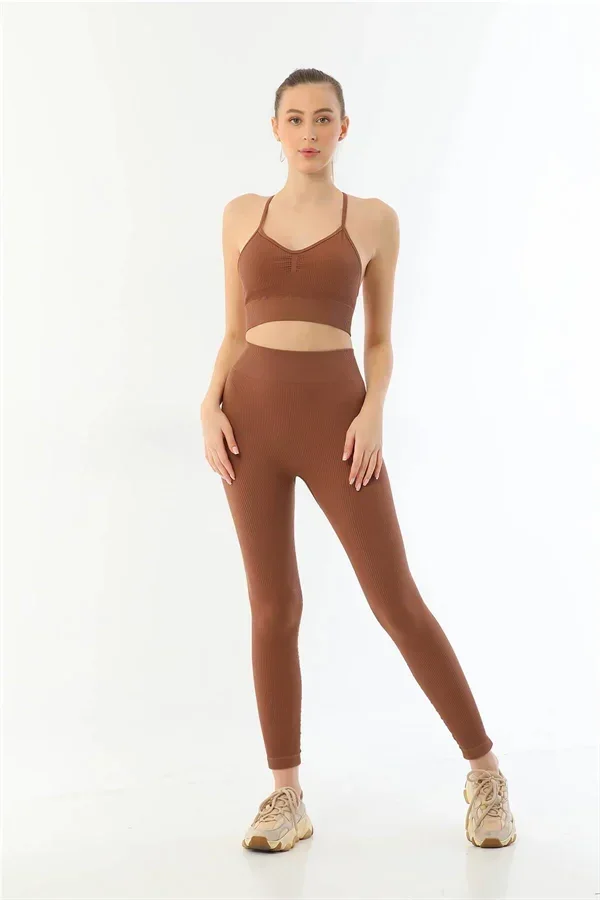 Kahve MI 3921 Soft Seamless Ripli Tayt Yoga Takımı