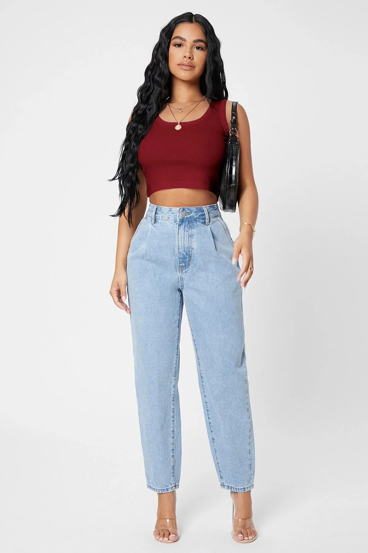 Kadın Bordo Kare Yaka Crop Top Bluz görsel 3