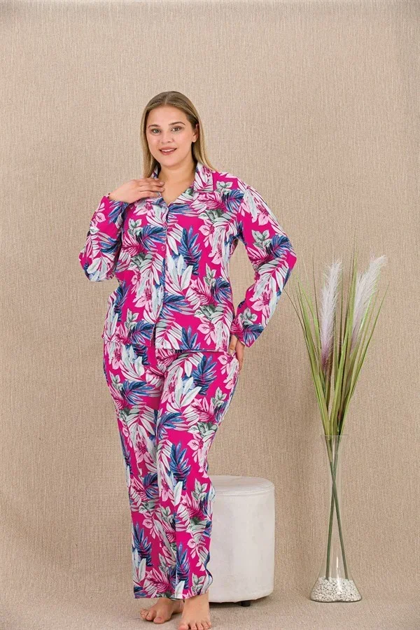 Büyük Beden Renkli Yaprak Desenli Düğmeli Uzun Kol Viskon Pijama Takımı görsel 2