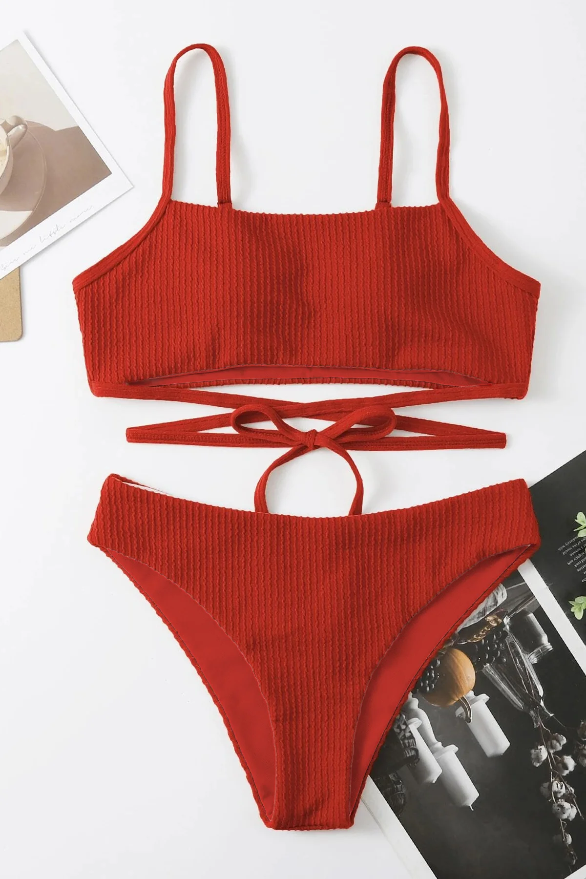 Kadın Kırmızı Çapraz Bağlama Detaylı Yüksek Bel Bikini Takımı görsel 5
