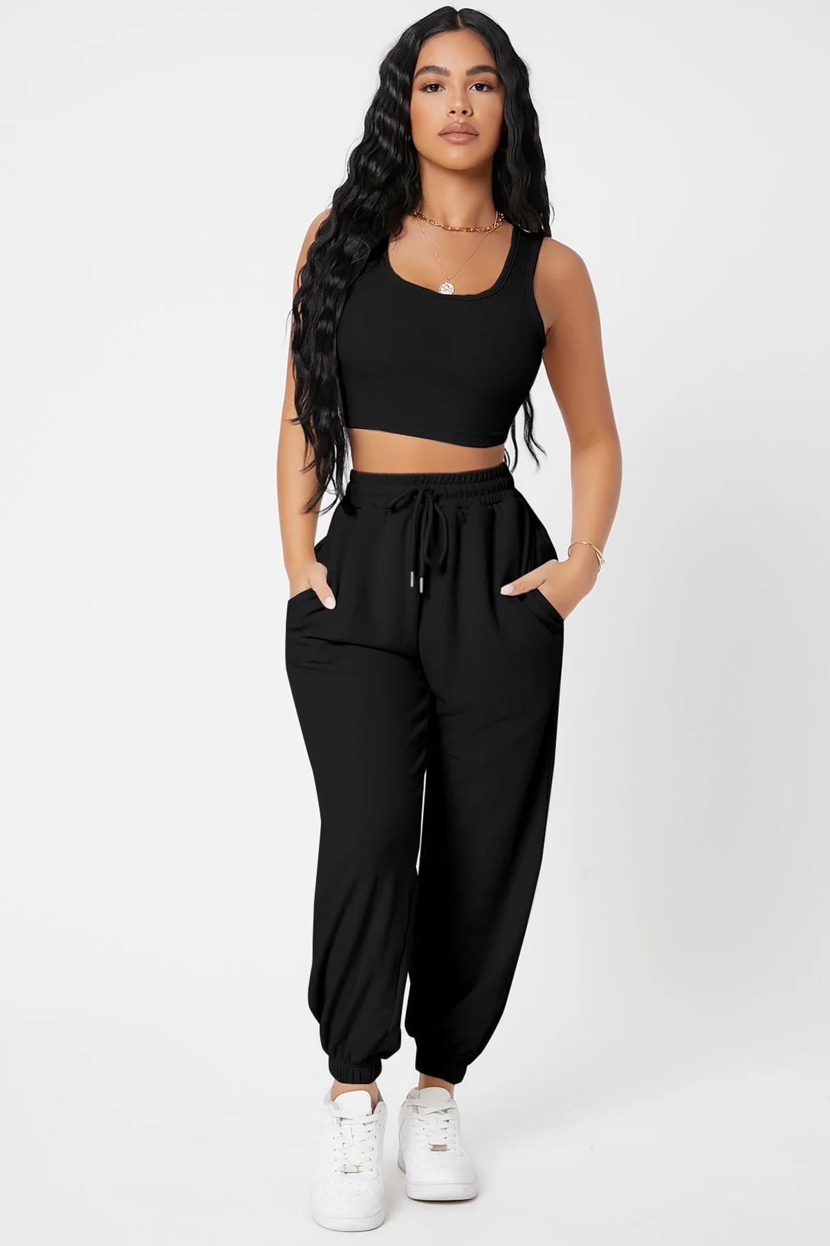 Kadın Siyah Kaşkorse Cepli Jogger Eşofman Altı ve Crop Top Bluz görsel 3