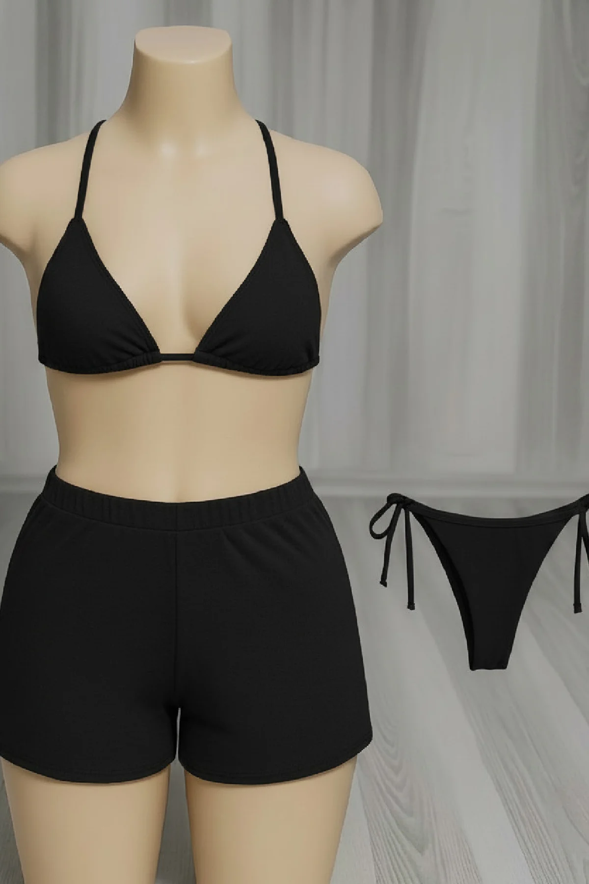 Kadın 3'lü Set Siyah Şortlu ve Yandan Bağlamalı Bikini Mayo Takımı görsel 3