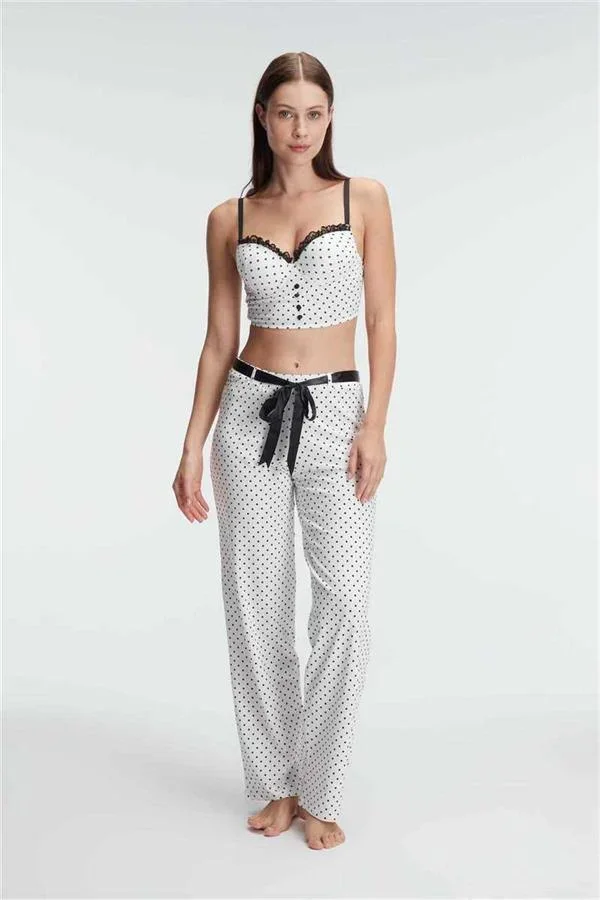 Bralet Sütyen Pamuklu Puantiye Desenli Desteksiz Dantel Detaylı Pijama Takımı