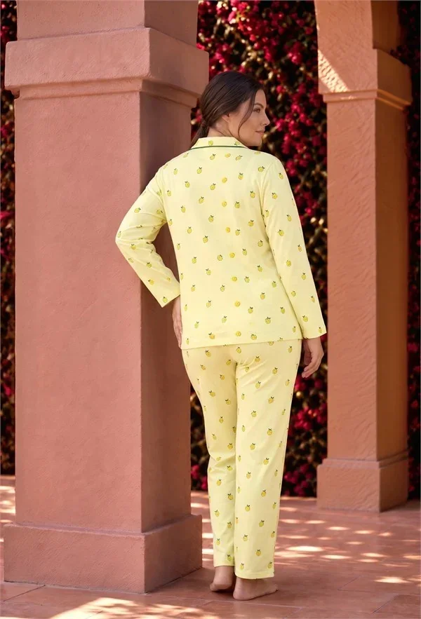 Pamuklu Yumuşak Dokulu Büyük Beden Sarı Limon Desenli Yeşil Biyeli Düğmeli Uzun Kollu Pijama Takımı görsel 5