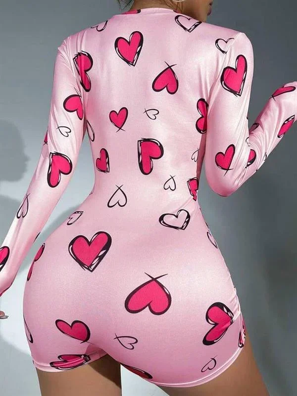 Pamuklu Pembe Kalp Desenli Düğmeli Uzun Kol Tulum Pijama görsel 3