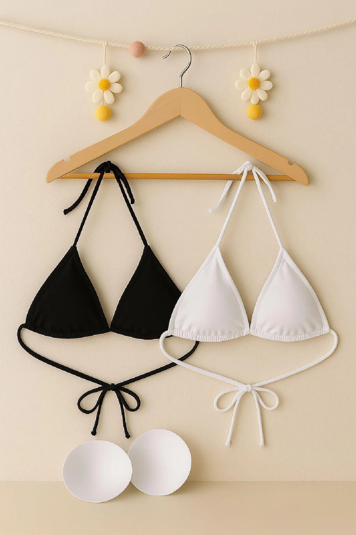 Kadın Siyah ve Beyaz Minimal Kesim Üçgen Bikini Üstü görsel 7