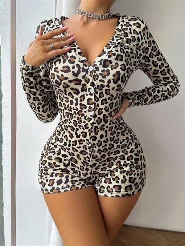 Şık Tasarım Pamuklu Leopar Desenli Düğmeli Uzun Kol Tulum Pijama görsel 2