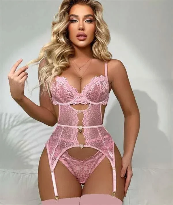 Kalp Aksesuarlı Dantelli Pembe Jartiyer Takım