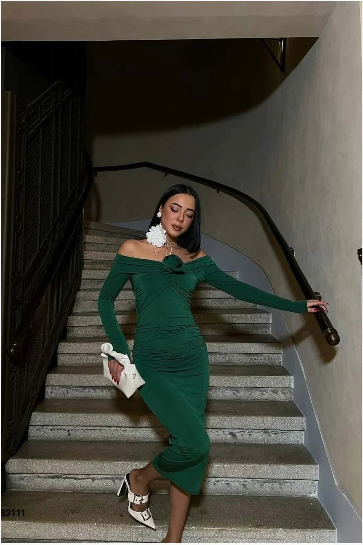 Kadın Özel Tasarım Kayık Yaka Drapeli Midi Uzun Kollu Abiye Elbise görsel 3