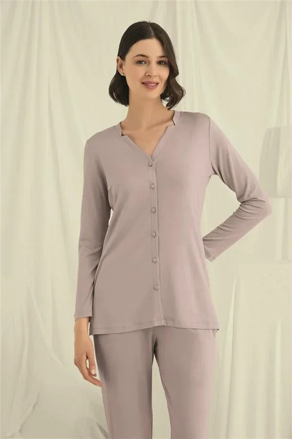 Uzun Kollu Boydan Düğmeli V Yaka Pijama Takımı görsel 5
